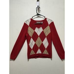 VTG Liz Claiborne Red Argyle V-Neck Long Sleeve Golf Knit Sweater Women’s Sz M